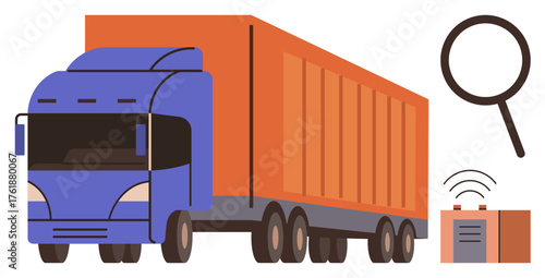 Blue freight truck with orange cargo, magnifying glass, and GPS tracker emitting signals. Ideal for logistics, supply chain, transportation, delivery, tracking efficiency global trade. Simple flat
