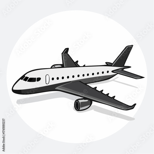 A detailed illustration of a modern commercial airplane in flight, showcasing its sleek design and powerful engines against a neutral backdrop, representing air travel and aviation