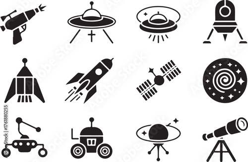 Space exploration and futuristic technology icons set in black and white style science and astronomy related symbols design elements