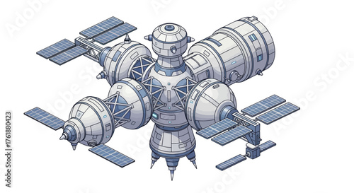 Detailed Isometric Illustration of a Futuristic Space Station with Solar Panels.
