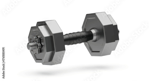 Silver dumbbell with black handle for weightlifting and strength training.