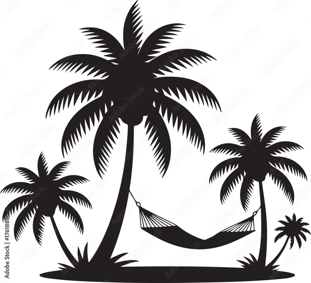 Fototapeta premium Tropical Paradise Silhouette with Palm Trees and Hammock a Vacation Getaway Illustration