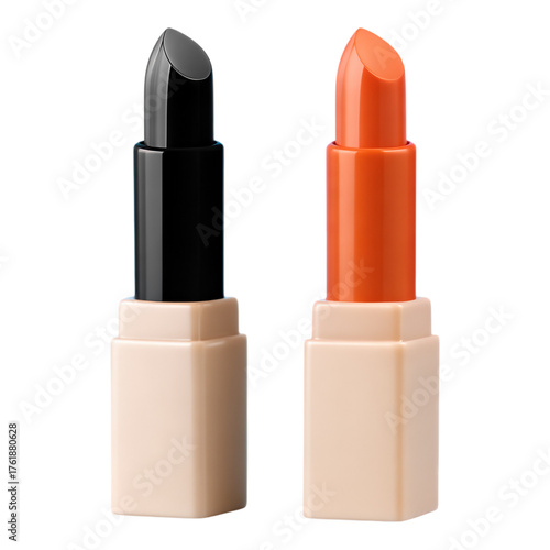 3D Realistic Black and Neon Coral Lipsticks, Glossy Finish on Transparent Background, Design Element
