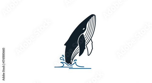 Stylized illustration of a dark blue whale breaching from stylized blue water waves.