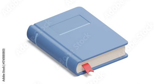 A closed light blue hardcover book with a red bookmark.