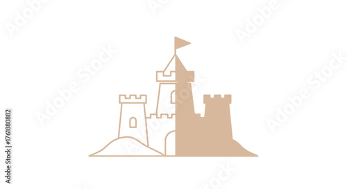 Stylized Sandcastle with Flag and Towers on a Beach.