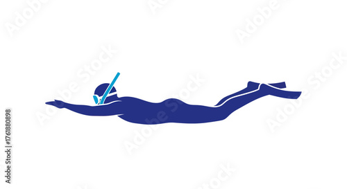 Silhouette of a person in a wetsuit with snorkel and fins swimming underwater.