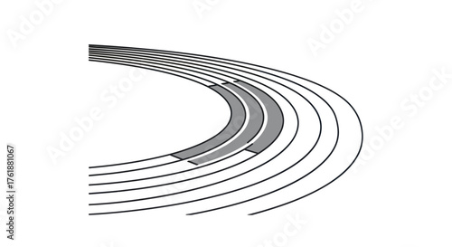 Curved athletic running track with multiple lanes.
