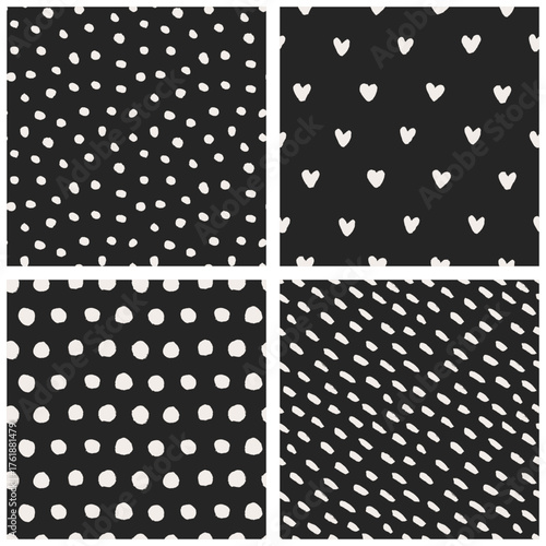 Seamless polka dot, mottled and heart-shaped patterns set. Vintage retro dark backgrounds, black and white muted faded colors. Hand-drawn brush strokes, rough edges texture.