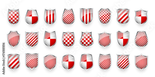 Glossy shields with red and black white. Security and protection concept. Cyber safety icons, internet privacy, web defense, digital data protection and antivirus themes. Vector illustration