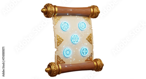 Ornate Scroll with Glowing Symbols and Golden Accents Fantasy Prop.