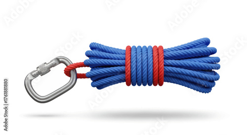 Bright blue coiled rope secured with red band and silver carabiner.