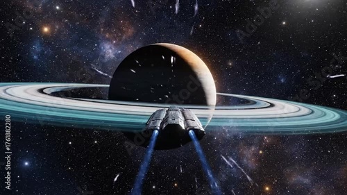 Futuristic Spaceship Journey Through a Cosmic Wormhole to a Ringed Planet.