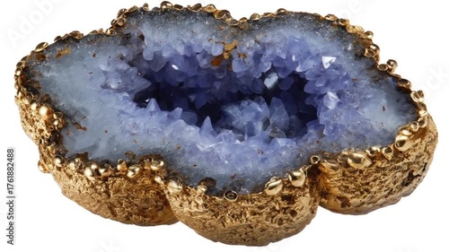Geode with blue crystals and golden border, isolated on white, crystalline detail