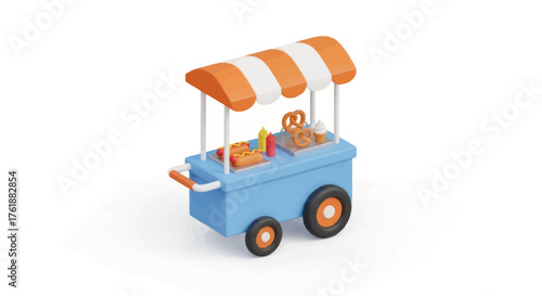 3D rendered blue food vendor cart with orange and white striped canopy offering snacks.