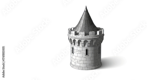 Detailed Grayscale Medieval Castle Tower with Conical Roof.