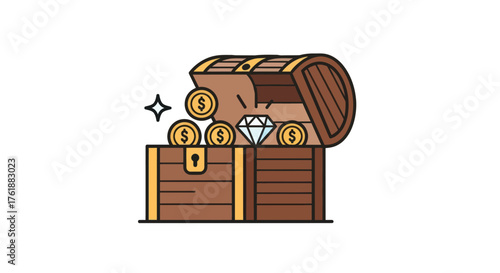 Open Treasure Chest Overflowing with Gold Coins and a Sparkling Diamond.