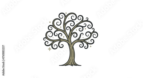 Stylized Decorative Tree with Ornate Swirling Branches and Leaves.