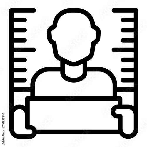 Portrait photo of bandit man line icon, police force concept. Vector graphics. Man at ruler with plank, law and order sign on white background, style icon mobile or web design.