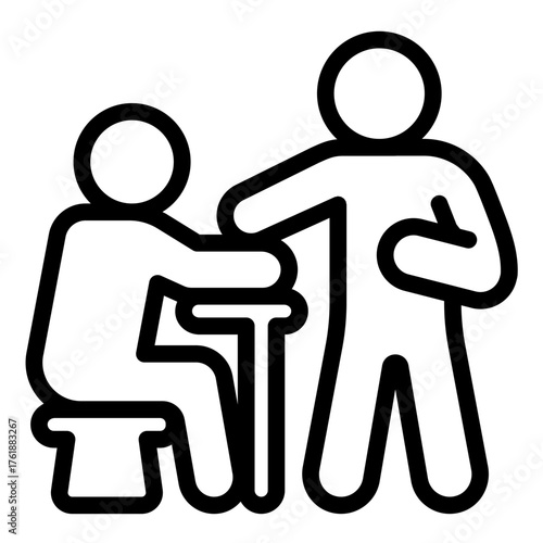Investigator with suspect man line icon, police force concept. Vector graphics. Man standing at desk, chair with human sign on white background, style icon mobile or web design.
