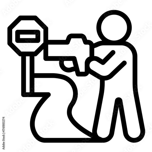 Patrolman and speed measuring radar line icon, police force concept. Vector graphics. Police man at road with signpost sign on white background, style icon mobile or web design.