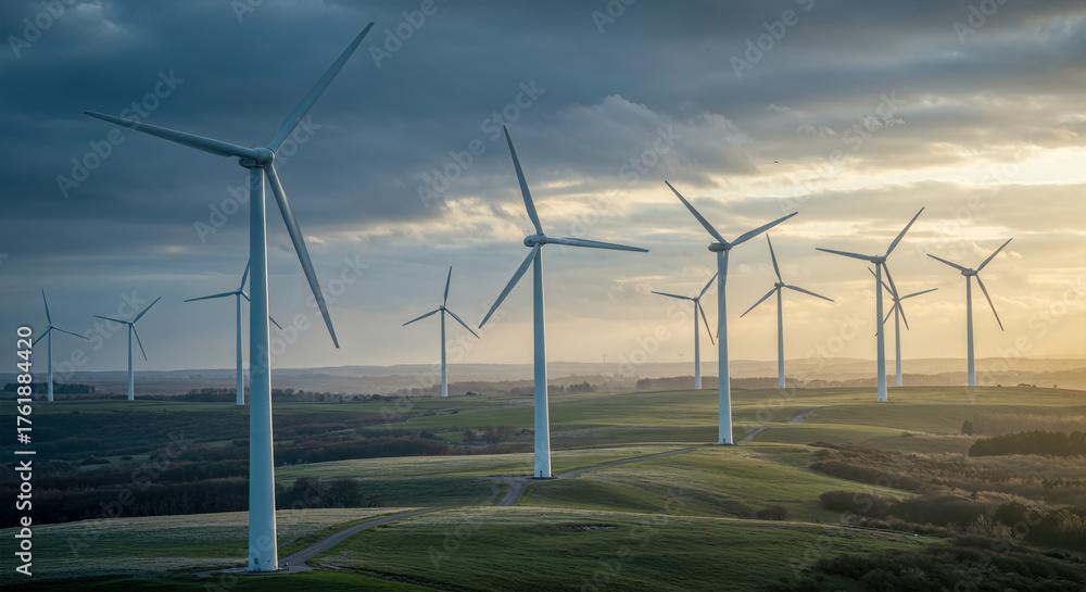 Fototapeta premium Wind turbines generate renewable energy on a hillside at sunset with clouds in the sky