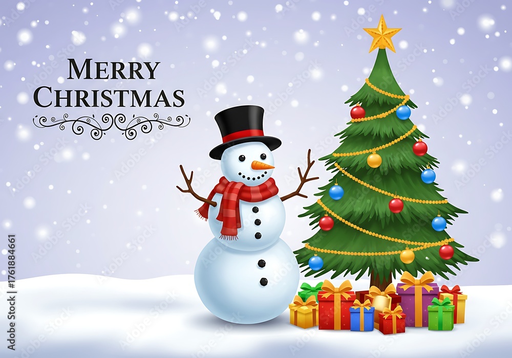Fototapeta premium Merry Christmas Snowman and Christmas Tree with Gifts in Snowy Landscape.