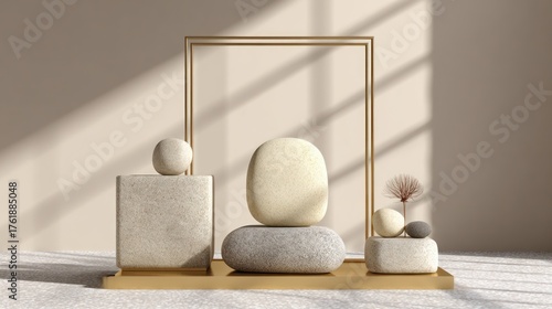 Wallpaper Mural Abstract beige composition features geometric shapes, a gold frame, & dappled sunlight Torontodigital.ca