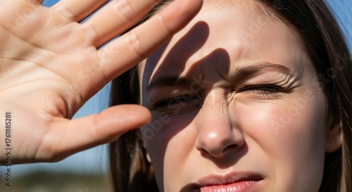 Wallpaper Mural Person Squinting and Shielding Their Eyes Due to Strong Sunlight, Capturing the Instant Human Glare Reaction With Visible Facial Tension and Detail Torontodigital.ca