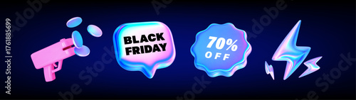 3d glass sale discount icons. Holographic speech bubble, sale round starburst badge sticker, money gun, hologram flash. Vector design element for sale, price, promotion, discount