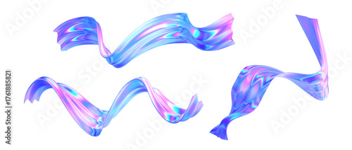 Set 3d glass abstract wave flying. Liquid hologram ribbon form hologram. Y2k curve, spiral, swirl shape iridescent texture. Holographic ribbon glass effect. Vector render futuristic illustration