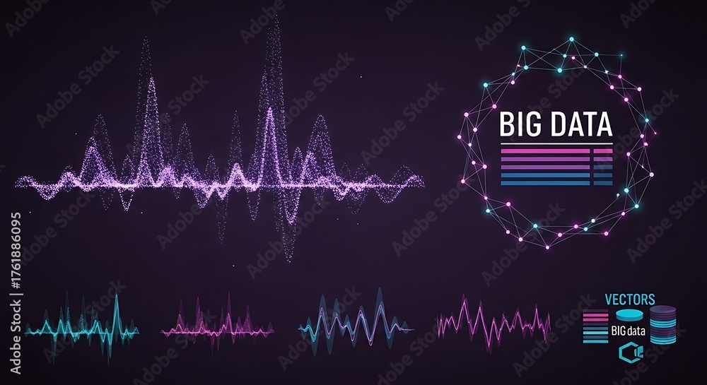 Naklejka premium Big Data Visualization with Sound Waves and Data Points.