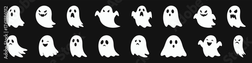Cute cartoon ghost icons set. Adorable spirits with various facial expressions, playful and spooky character collection.