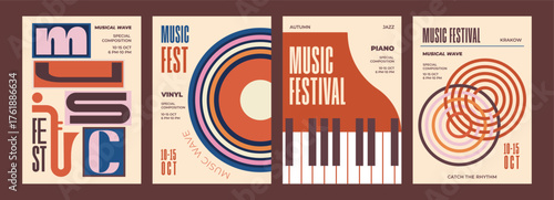 Retro Music Festival Posters Set. Vintage Jazz & Vinyl Design inspired by vintage typography, geometric shapes, and muted color palettes. Includes vinyl records, piano keys, and rhythmic line art. 