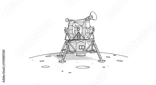 Detailed Line Art Illustration of Lunar Module on Moon Surface.