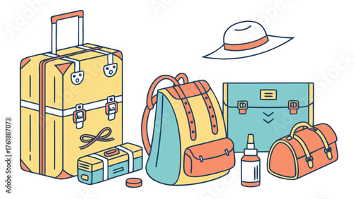 A clean, colorful illustration of travel essentials including a suitcase, backpack, duffel bag, hat, speaker, spray bottle, and more perfectly themed for vacation or outdoor packing.