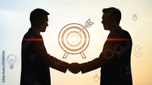 Partnership Silhouetted figures shake hands amidst businessthemed icons symbolizing deal making  shared goals
