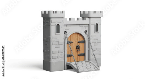 Stone Castle Fortress with Wooden Door and Drawbridge.