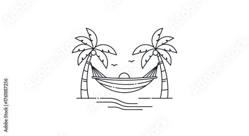 Minimalist Line Art of a Tropical Beach Scene with Hammock Between Palm Trees.