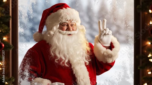 Santa Claus Waving Through Window on Christmas Eve.