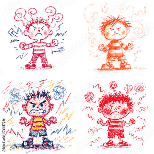 Colorful crayon doodle of angry children expressing emotions through funny faces and gestures. Emotional illustration for kids’ education, psychology, or cartoon design projects.
