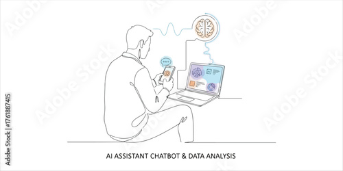Man using smartphone and laptop to interact with AI assistant chatbot for data analysis continuous single line art drawing sketch on white background
