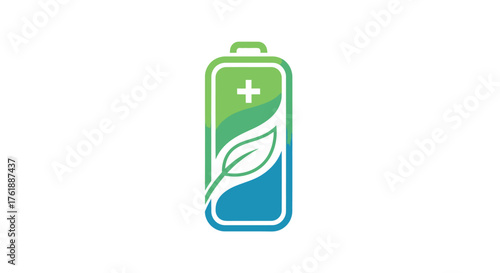 Green energy battery icon with leaf and plus symbol.