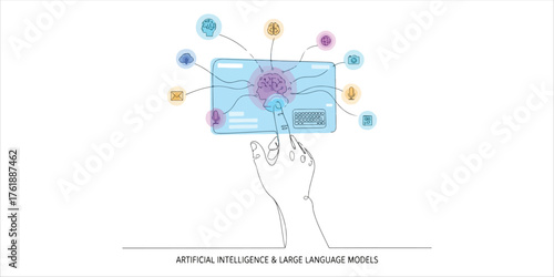 Futuristic concept of artificial intelligence and large language models (LLM) with glowing AI icons and human hand interface continuous single line art drawing sketch on white background