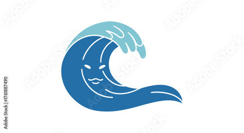 Anthropomorphic Blue Wave with a Face and Cresting Water.