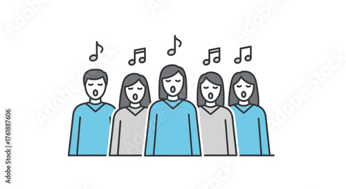 Group of people singing together with musical notes above heads.