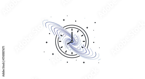 Cosmic Clock with Swirling Galaxy Illustration Representing Time and Space.