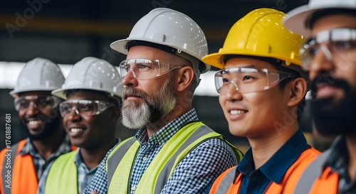A diverse group of male construction workers wearing hard hats and safety vests stand together, looking forward with smiles.