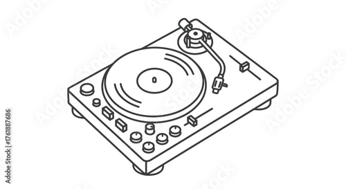 Quadro em tela Classic DJ Turntable with Vinyl Record Line Art Illustration.