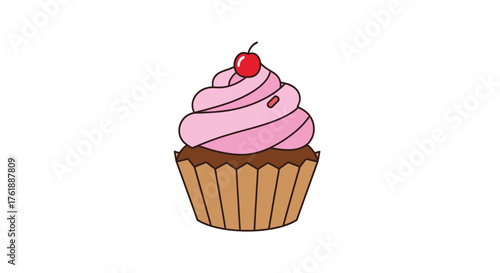 A delicious cupcake with pink frosting and a cherry on top.